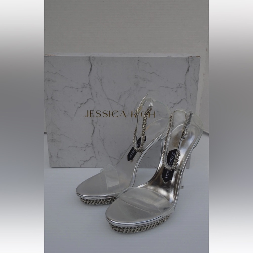 Jessica Rich Sz 38/US Sz 8 Clear Silver Jessica Stiletto Ankle Strap Heels